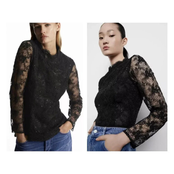 New! Zara Black Lace Sequin Top 17926 - Picture 1 of 13